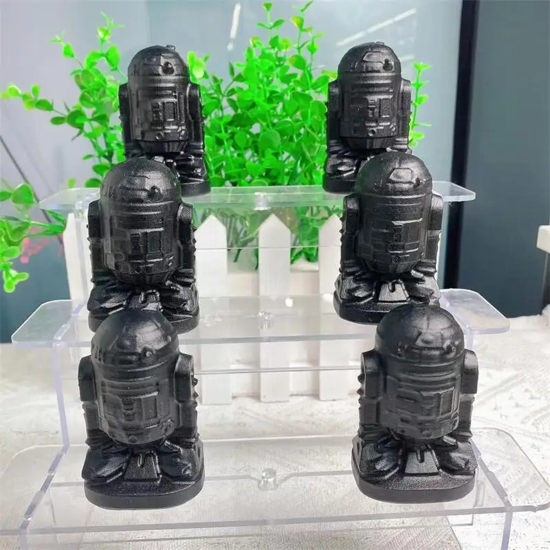 

7CM Natural Black Obsidian Cartoon Robot Crystal Animal Carving Crafts Healing Energy Stone Fashion Home Decoration Gift 1pcs