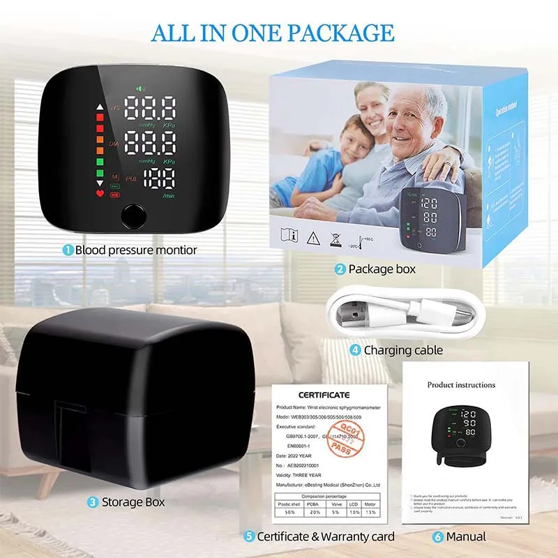 Blood Pressure Monitor Touch Screen LED Rechargeable Wrist Blood Pressure Monitor