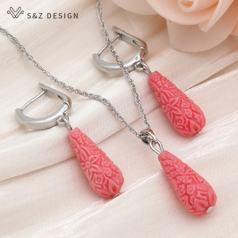 S&Z DESIGN New Fashion Water Drop Carve Flower Synthetic Shell Dangle Earrings Jewelry Sets For Women Wedding Necklace Gift