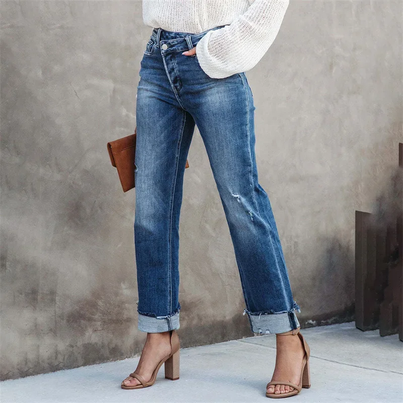 Women High Waist Slant Buckle Splice Straight Jeans Broken Holes Casual Denim Pants New Female Office Commuter Washable Trousers