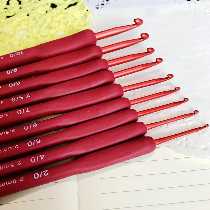 9PCS Oppo Packaging Knitting Tool Set 2.0mm-6.0mm Single Head TPR Red Handle Silicone Crochet