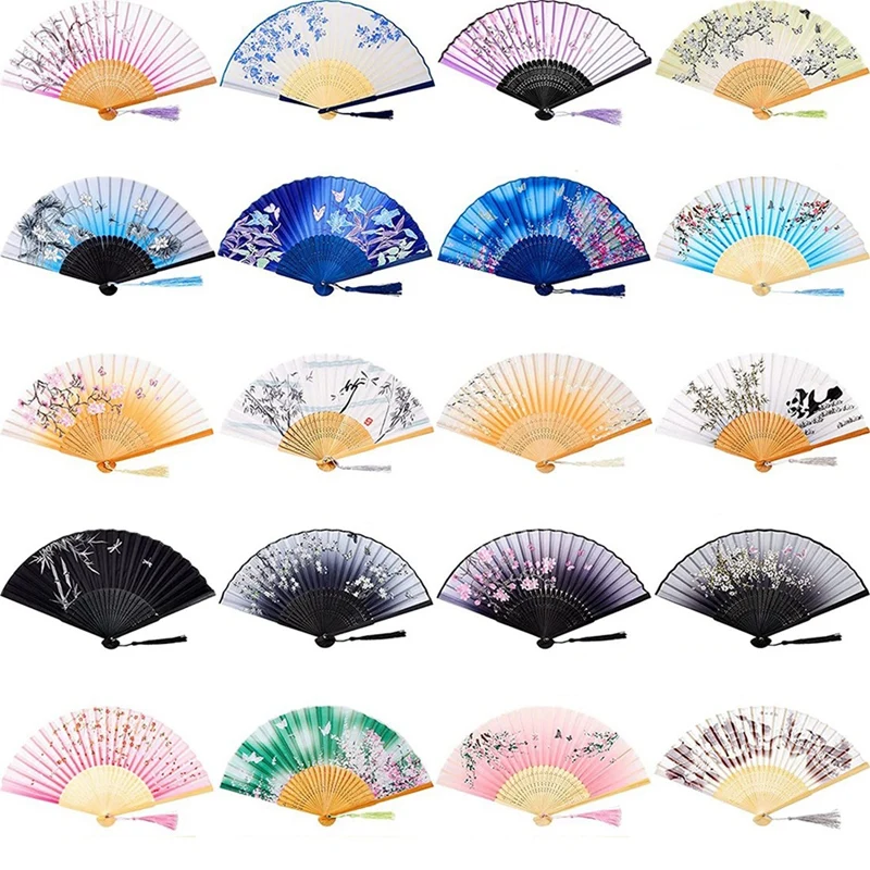 

20 Pcs Floral Hand Fan Chinese Vintage Style Foldable Bamboo Framed Fan With Elegant Tassel Decor Folding Fans For Women