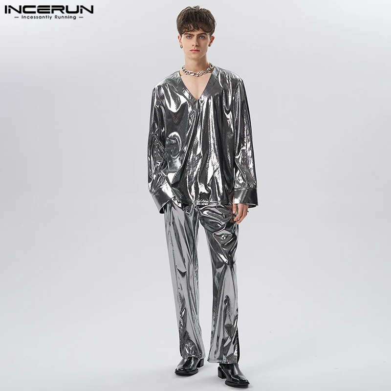 Casual Fashion Style Men's Sets INCERUN Solid Long Sleeved Shirts Long Pants Handsom Well Fitting Male Flash Suit 2 Pieces S-5XL incerun 2023 american style fashion men sets bright glossy short tank tops wide leg pants casual solid male two piece set s 5xl