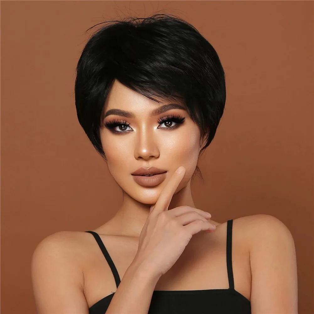검은색 짧은 머리 합성 가발, 빅 웨이브 가발, 할로윈 코스프레 롤플레잉, 데일리 웨어, 고온 실크 가발캡