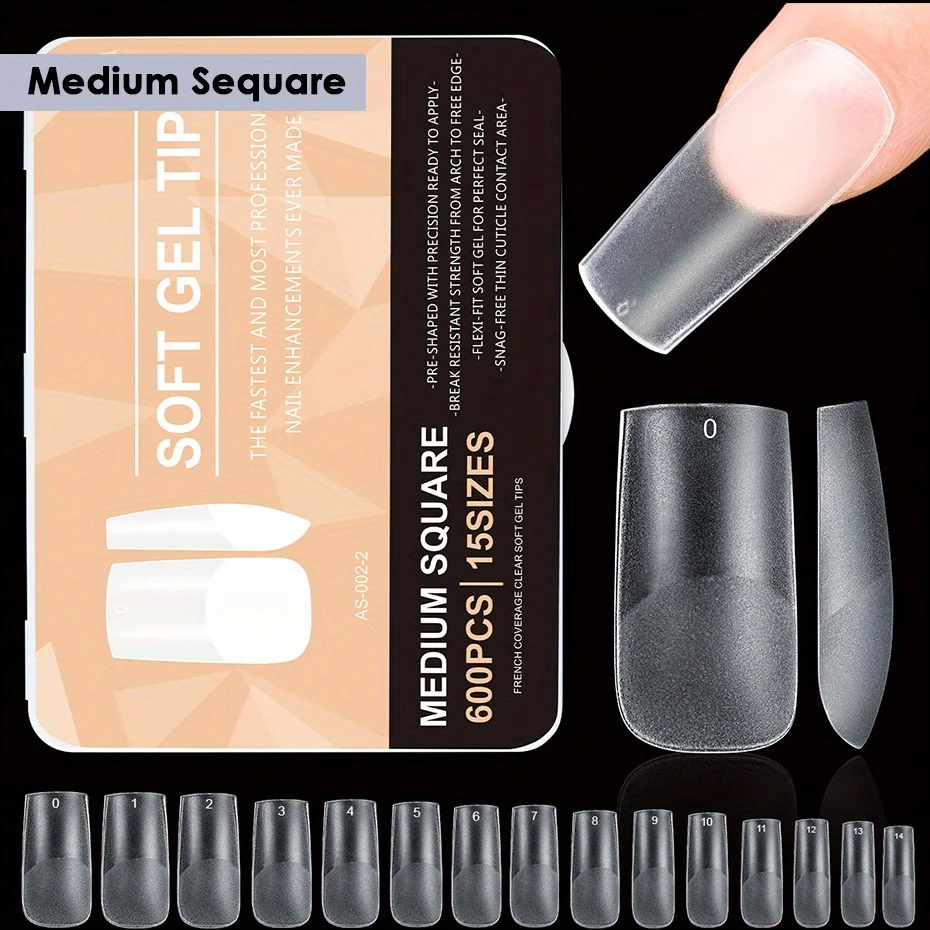 600pcs Matte Press On Nail Tips Full Cover Fake Nails 15 Sizes Acrylic Short Square Soak Off Gel False Nail Tips for DIY Salon