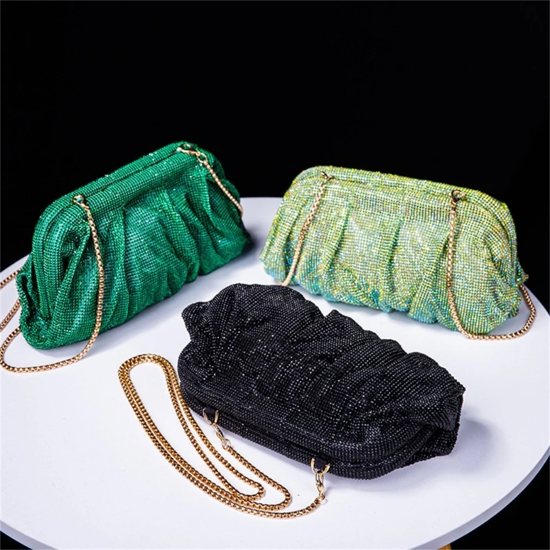 Wedding Clutch Lady Purse Rhinestone Shoulder Bag Women Girl Pleated Chain Bags for Party Cocktail Banquet Crossbody Bag