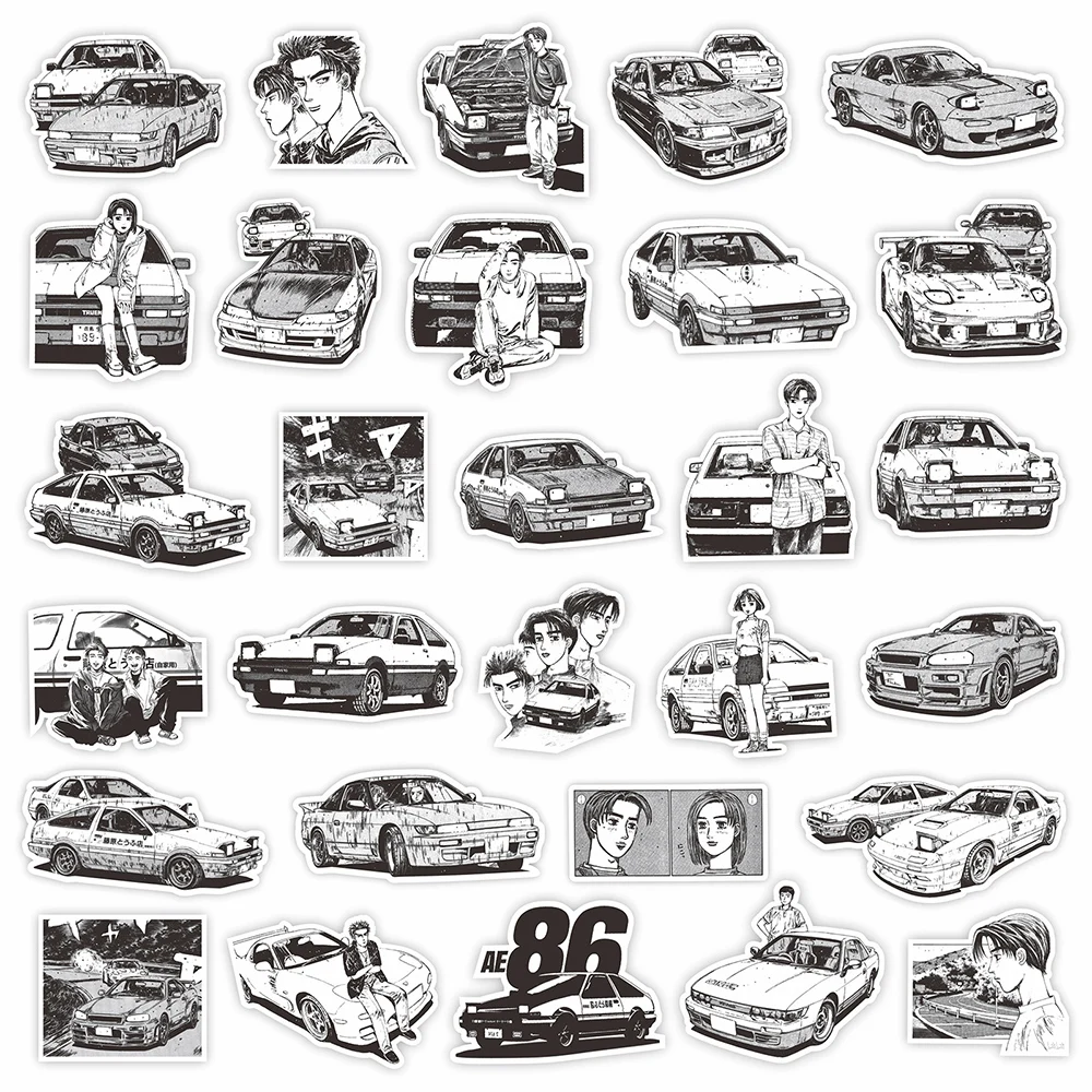 10/30/75PCS Anime Black White Initial D Stickers Graffiti Funny Kids DIY Decals Gift Toy for Wall Notebook Bike Cartoon Sticker 4