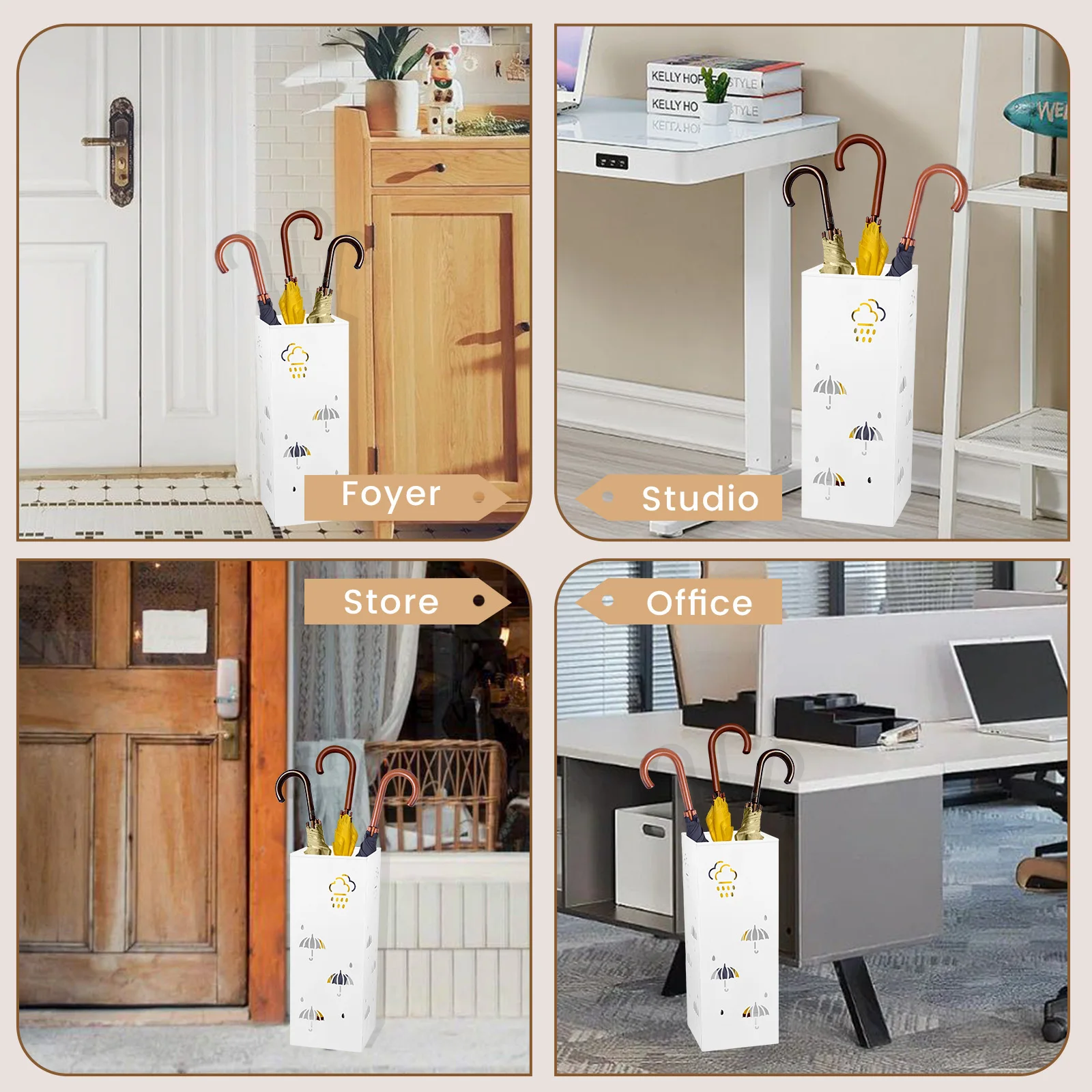 Square Umbrella Stand Rack Metal Durable Stable Holder Multipurpose Storage Container Holds 4-8 Umbrellas for Home Office Decor