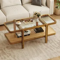 Rattan Coffee Table, 47.5" Rectangle Solid Wood Tea Table w/Tempered Glass Tabletop & PE Rattan Storage Shelf, 2-Tier Boho Coff 1