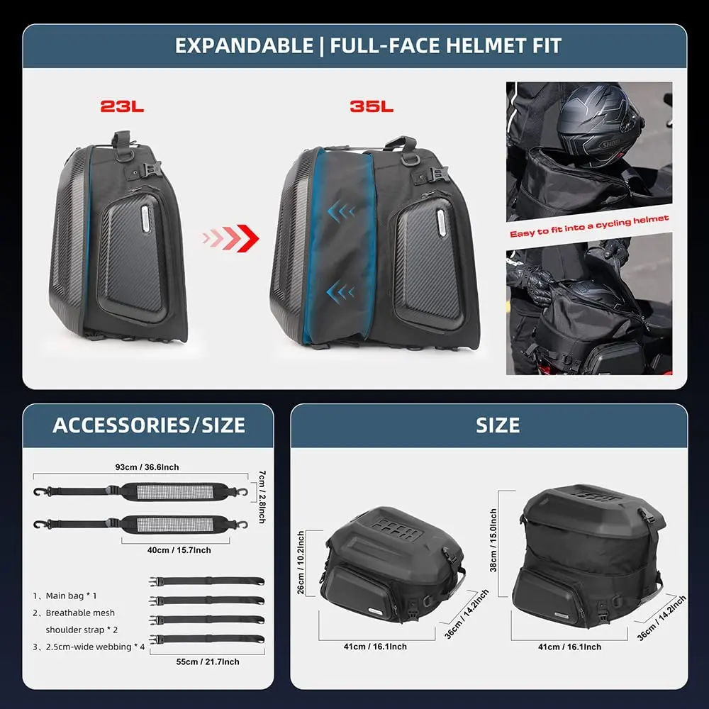 Rhinowalk Motorcycle Travel Luggage Expandable 35L motorcycle tail bag Waterproof All Weather/Trunk/Rack Bag with Sissy Bar Stra