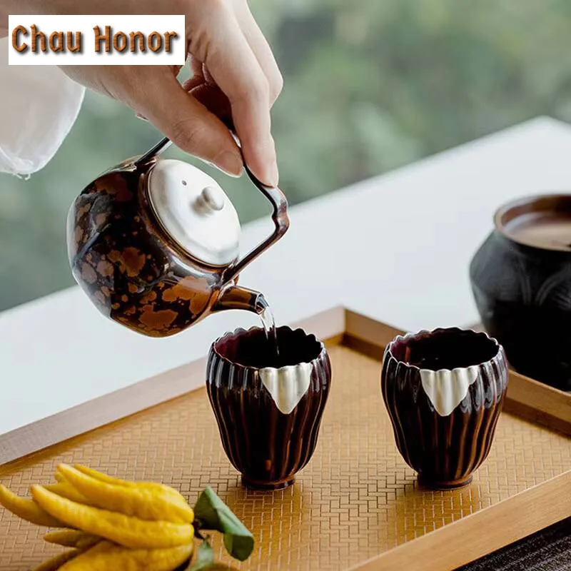 Retro Kiln Change Chestnut Brown Glaze Ceramic Tea Set Drawing Silver Tea Pot Tea Maker Kettle Portable Kung Fu Tea Set Gift Box