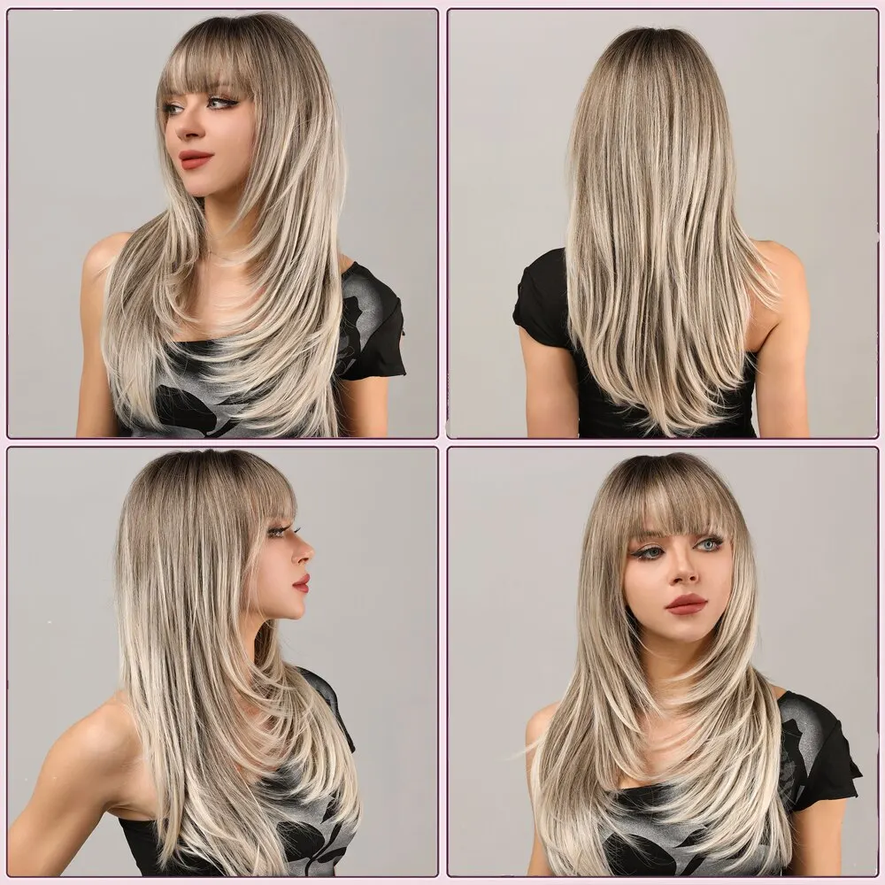 Women Synthetic Hair Wigs Long Blonde Bangs Dark Root Layered for Daily Use Fashion Ladies
