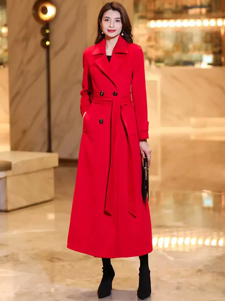 New Women Red Wool Blended Coat Autumn Winter Fashion England Style Suit Collar Double Breasted Slim Overlength Woolen Coat