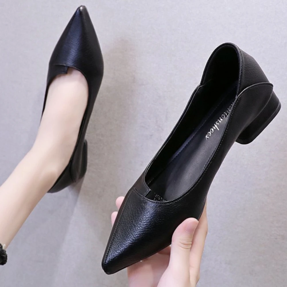 

Pumps Women Shoes Shallow Chunky Heeled Pointed Toe Ladies Shoes Platform Soft Leather Women Fashion Dress Office High Heels