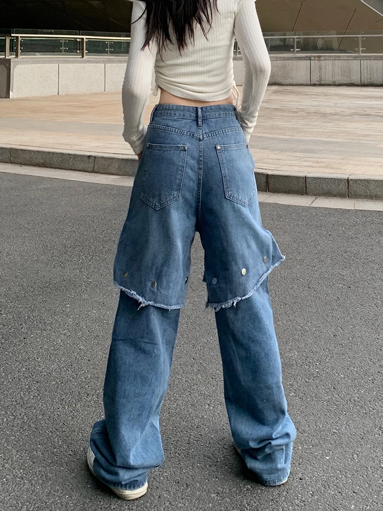 Detachable Buttons Jeans Women European American Wide Leg Low Waist Fashion Hip-Hop Straight Pants Female 2023 New Retro Jeans