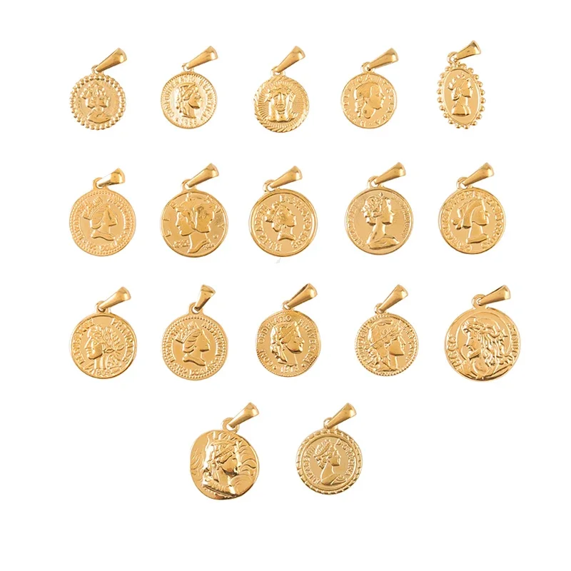 5PCS/Lot Ancient Roman Coin Charm Women Men Round Pendant Stainless Steel Gold Jewelry Pendentifs Bijoux Acier Inoxidable Femme