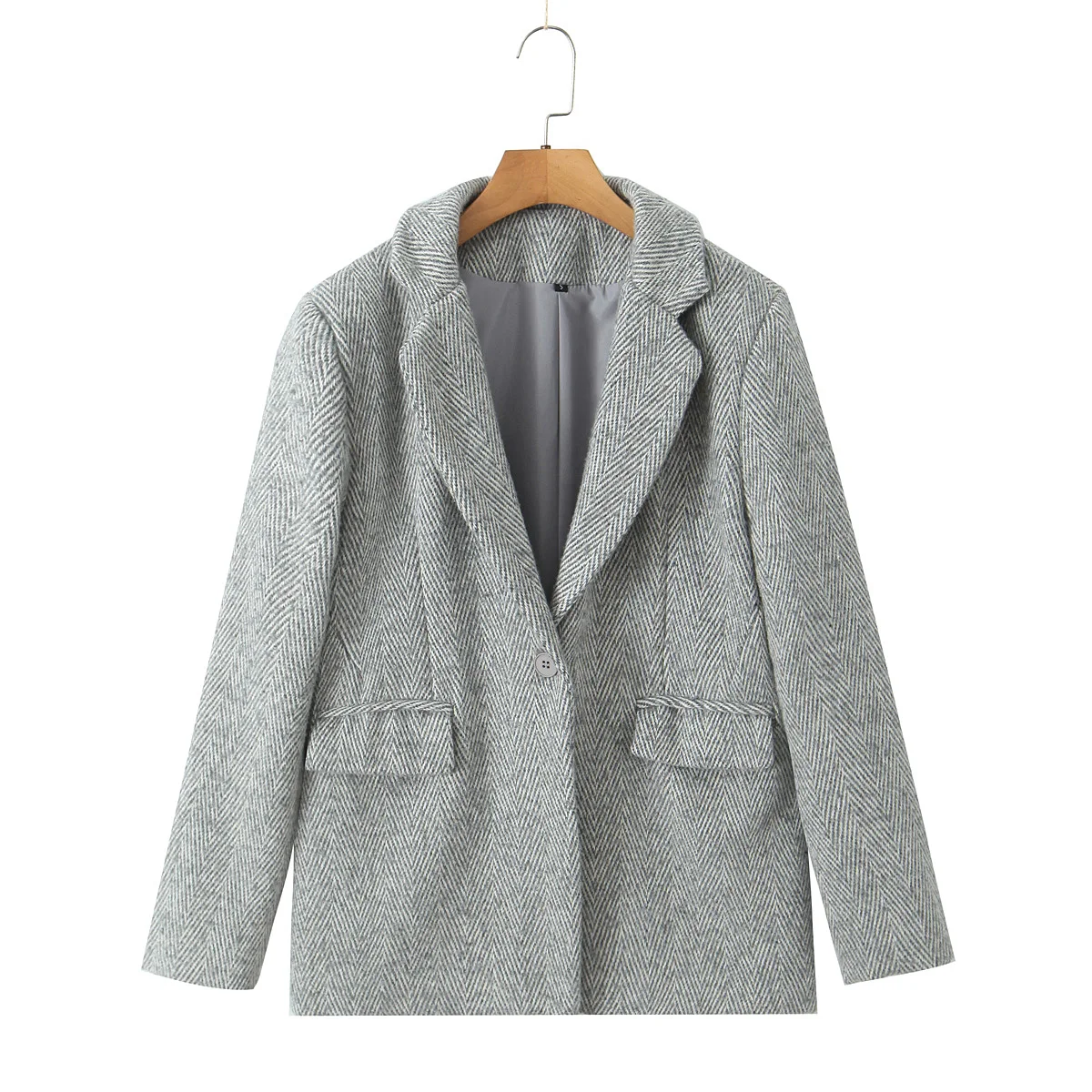 2 Pieces 1 Set CHILL Notched Tweed Weave Oversized Blazer High Waist Package Hips A-line Mini Skirt Suits Matching Gray