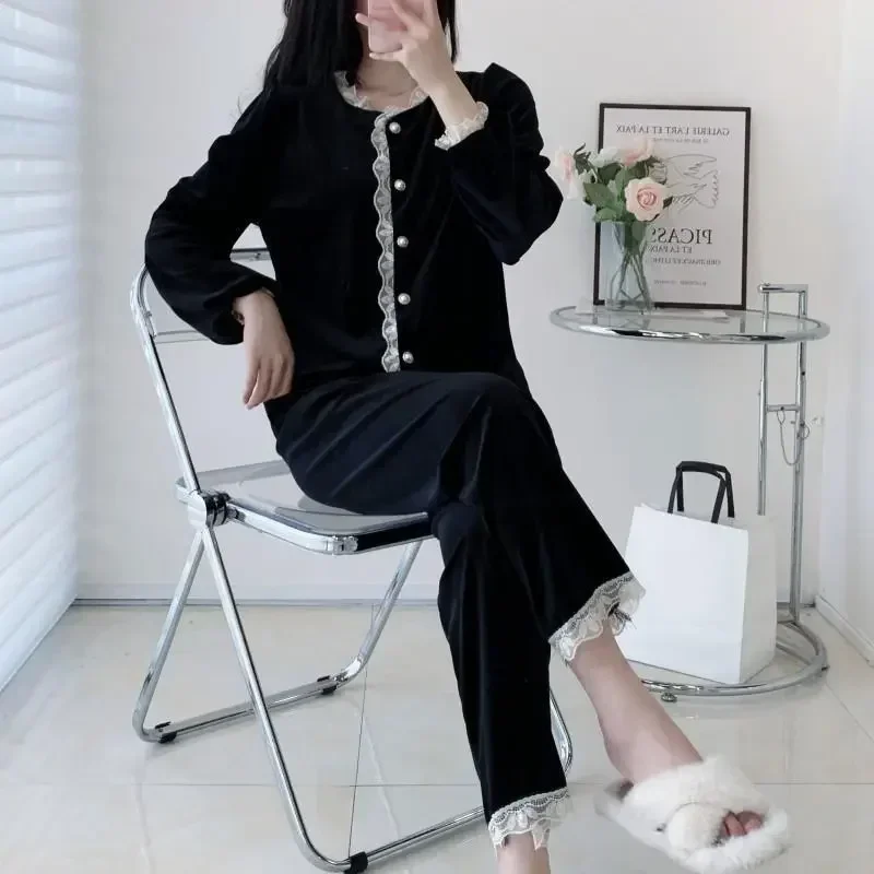 

Set Lingerie Homewear Pijamas Velvet Shirt Sleeve Long Velour Pajamas Winter Women Autumn Sleepwear Lace Trouser Suit