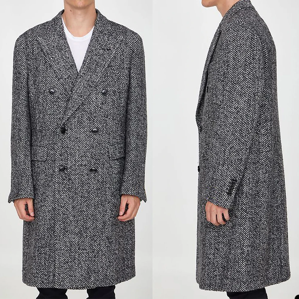 Herringbone Woolen Men Suit Tailor-Made One Piece Men Blazer Black Overcoat Double Breasted Groom Business Causal Prom Tailored