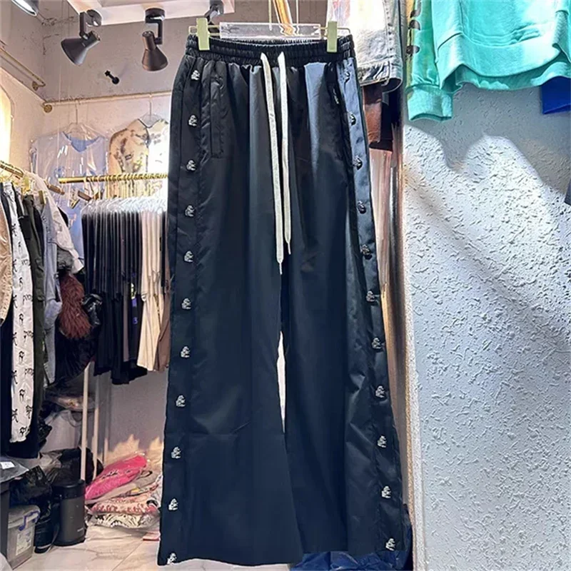 

Hip Hop Hellstar Nylon Black Pants High Street Embroidered Side Button Drawstring 1:1 Couple Casual Sports Pants