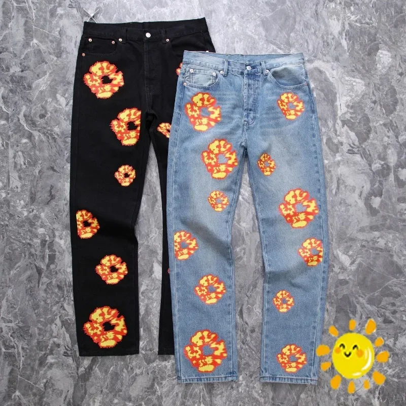 

High Quality Washed Flame Inlaid Kapok DENIM TEARS Jeans Men Women 1:1 Oversized Heavy Fabric Denim Trouser
