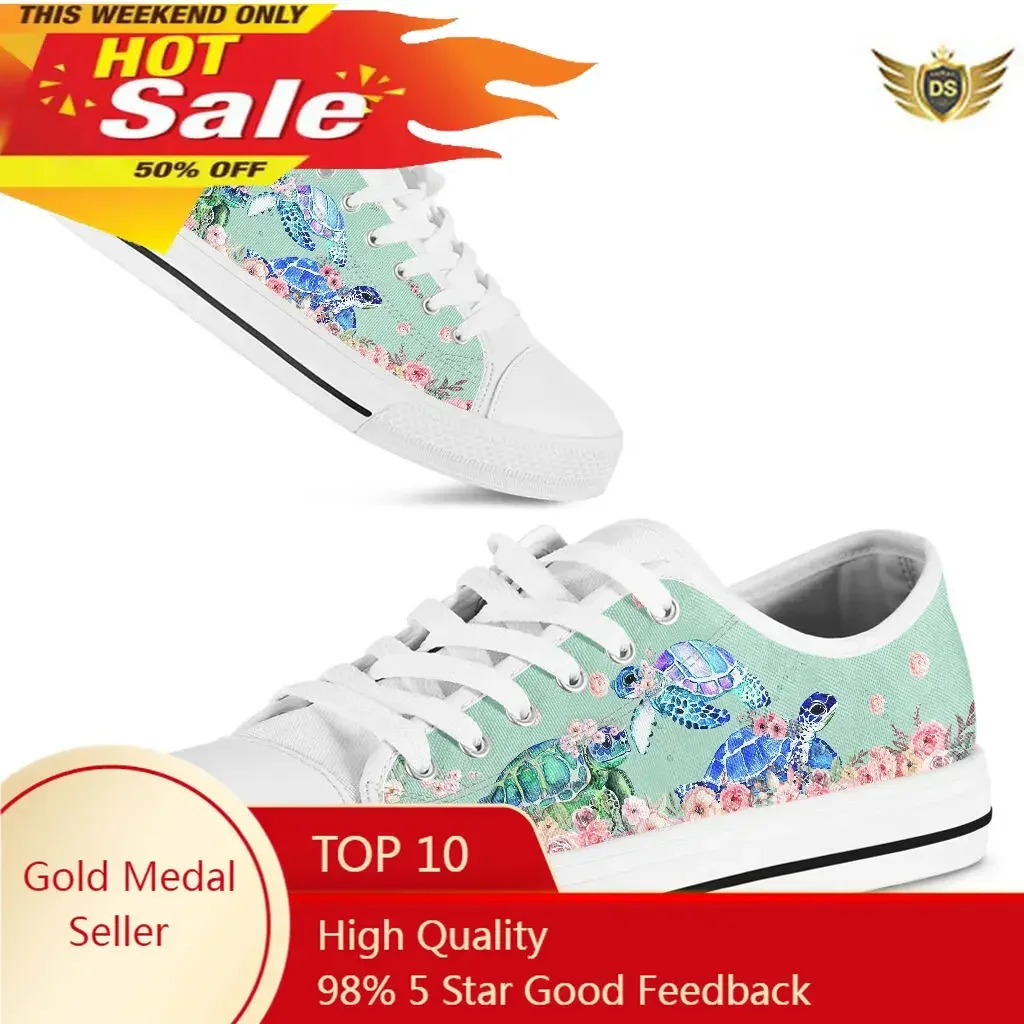 Women's Canvas Shoes Pink Blue Turtle Floral Casual Lace-Up Shoe Summer Flats For Girl Vulcanized Shoes White Sneakers