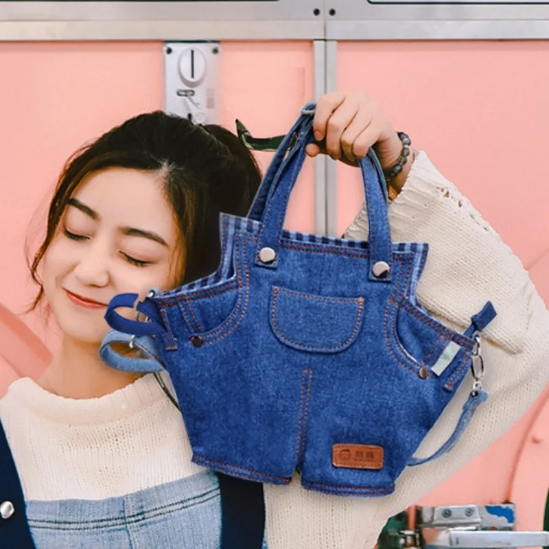데님 캔버스 핸드백 크리에이티브 점프수트 디자이너 숄더백, 대용량 청바지 모양 크로스바디 백, 한국 패션, 2023