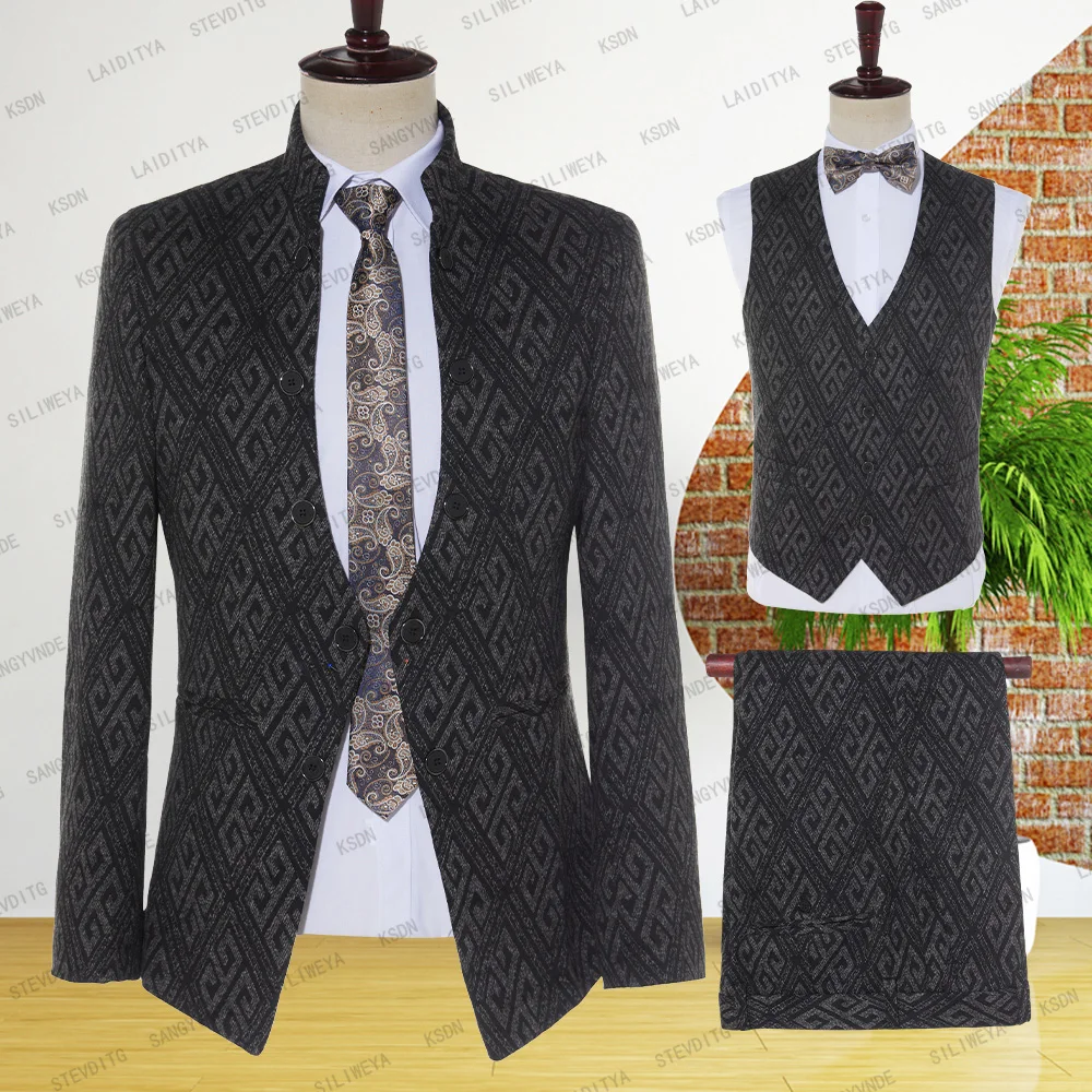 

2023 Fashion Black And Blue Mixed Letter Partten Men's slim fit Business SuitsMale High-grade 3 pieces (Jackets+Vest+Pants)