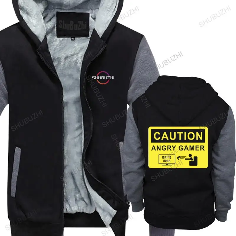 

men winter black hoody brand casual warm jacket coat CAUTION ANGRY GAMER man loose cool letter printing fleece zipper hoodies