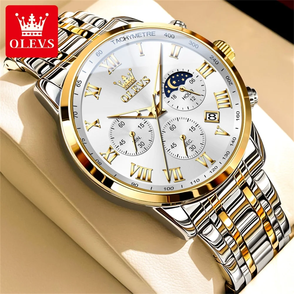 OLEVS Mens Watches Top Brand Luxury Chronograph Quartz Watch Leather Waterproof Calendar Fashion Mens Clock Relogio Masculino