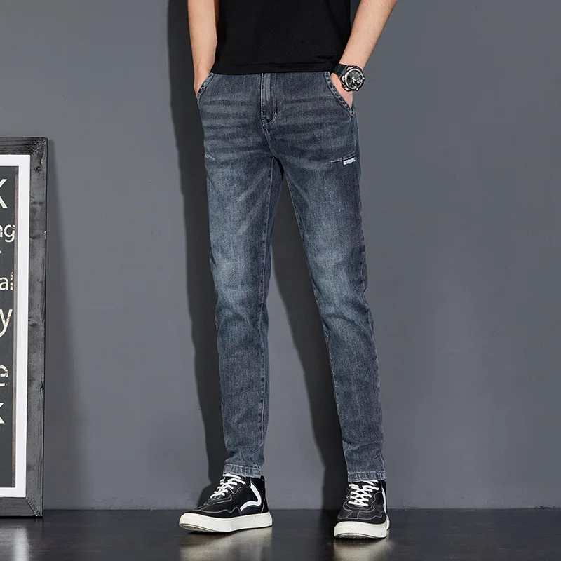 New Jeans Men's Slim Feet Pants Elastic Brand Korean Fashion Men Joker Spring and Autumn 2022 Spring Students Pencil Pants