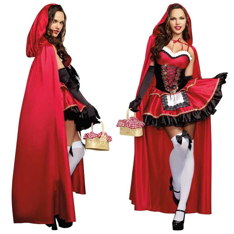 

Fairy Tale Little Red Riding Hood Costume Women Fantasia Halloween Cosplay Fancy Dress Long Cape