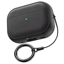 Leather - Texture Shockproof Earphone Case with Keychain - Premium Protective Cover - AirPods Pro 3 (Black)