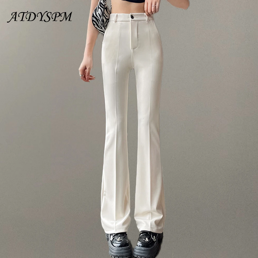 

Ladies Elegant Slim Black Beige Flare Pants Elastic High Waist Drape Straight Trousers Women Fashion Female Office Suit Pants