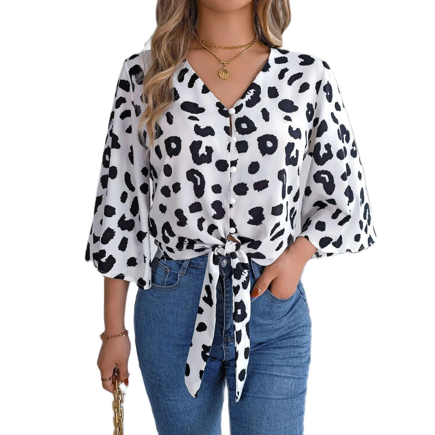 

Fashion Casual Women Streetwear Shirt Female Three Quarter Sleeve Tops Girl's Chiffon Sext Blouses Lady's Leopard Blouse Tops