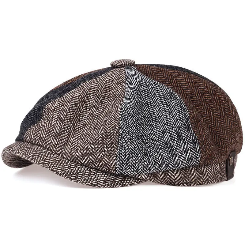 Newsboy Cap Flat Top Herringbone Tweed Wool Baker Boy Peaky Blinders Berets Flat Peaked Cap Adjustable Taxi Driver Hat – Detail 5