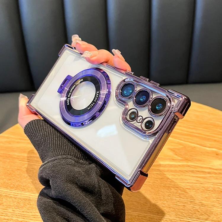 Luxury Plating Shockproof Magnetic Stand Clear Phone Case with Acrylic Back Cover