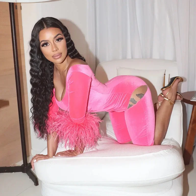 

Mesh Patchwork Feathers Velvet Women Playsuits Sexy V-Neck Straps Half Sleeve Slim Fit Club Party Rompers Fashion Jumpsuits