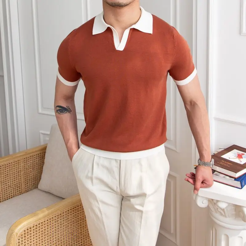 Fashion Trendy Casual Breathable Versatile Short Sleeved Knitted Polo Shirt Men's Panelled Lapel Elastic Smart Loose Casual Top