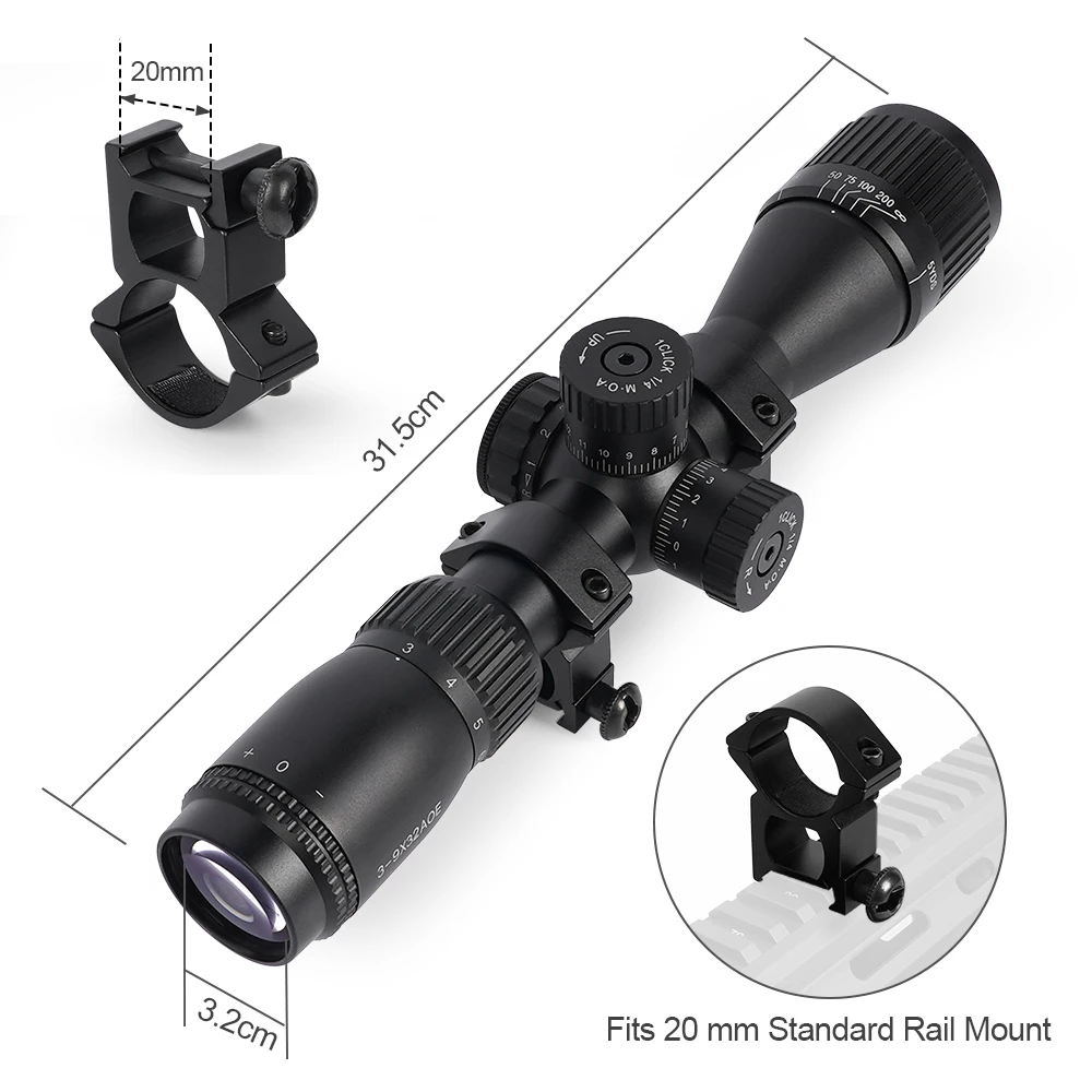 Tactical 3-9X32 AOE Optical Sight Long Range Rifle Scope Red/Green Dot Laser Combo for Hunting Airsoft-Adjustable Focus