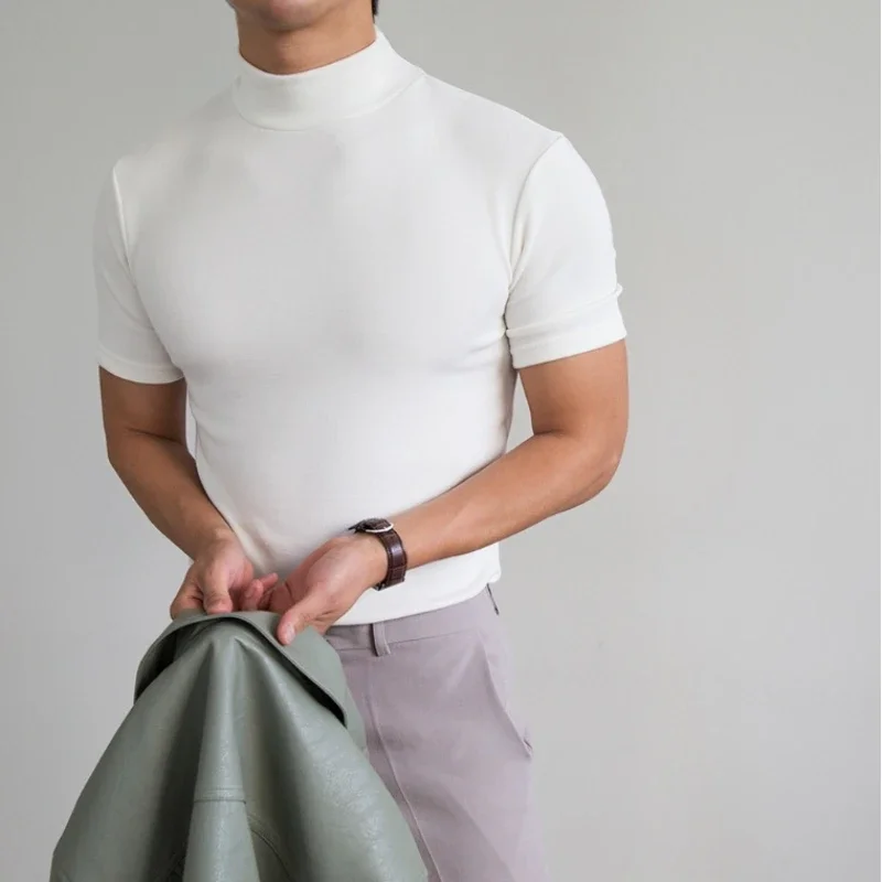 

Men's Spring and Summer T-shirt Straight Half-high Neck Slim Korean Style Fashion Solid Color Bottoming Short Sleeve T Shirts
