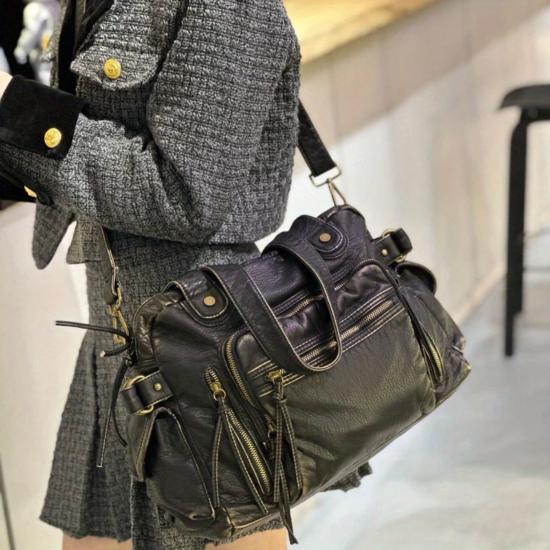 Women's Fashion Retro Tote Bag Soft PU Leather Large