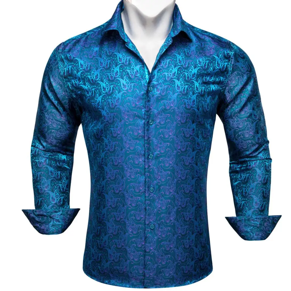 Designer Shirts for Men Silk Long Sleeve Sky Blue Pink Black Paisley Slim Fit Male Blouses Casual Breathable Tops Barry Wang bysifa men wine red paisley silk scarf cravat printed fashion new gentlemanly 100% silk male long scarves warmer scarf 160 26cm