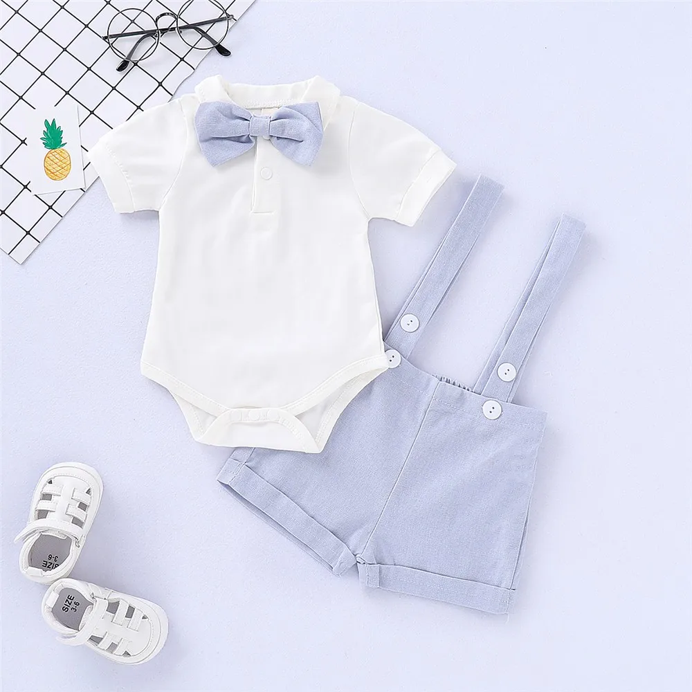 Infant/Toddler Boy's Blue Bowtie Onesie with Suspender Shorts 1