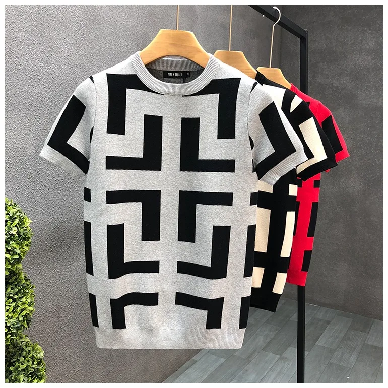 Faionable Ice Silk ort Sve Knitted T-irt for Men Slim Fit round Ne Summer New Sle Polyester Fiber Anti-Wrinkle