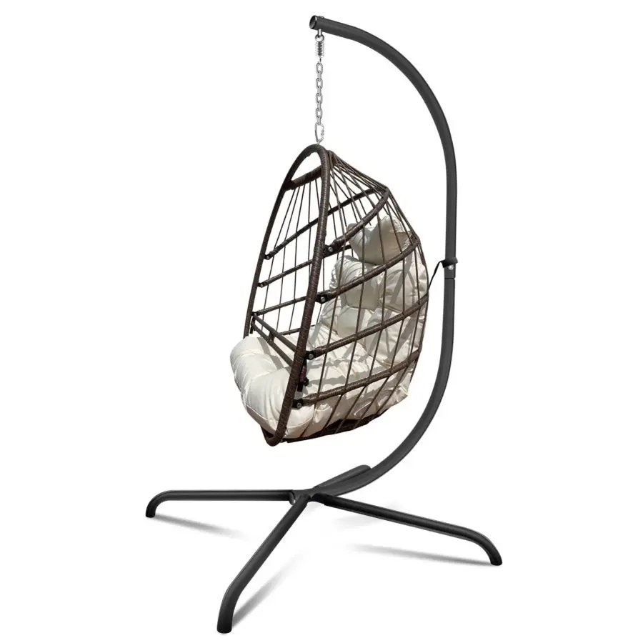 Swing Egg Chair with Stand Indoor Outdoor Wicker Rattan Patio Basket Hanging Chair with C Type bracket with cushion and pillow 3