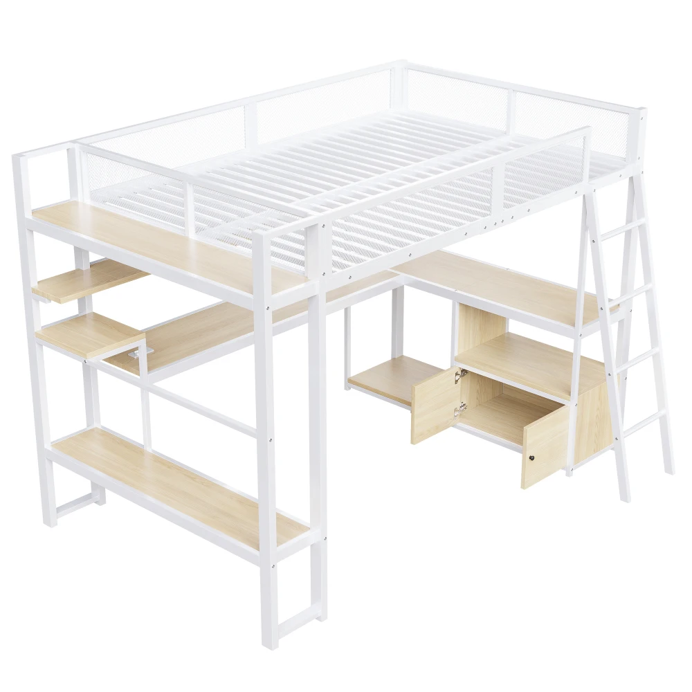 Metall-Gaming-Hochbett mit Integriertem Arbeitsplatz Kinderbett mit LED-Beleuchtung und Viel Stauraum Zweistöckiges Bett 140x200cm – Detail 7