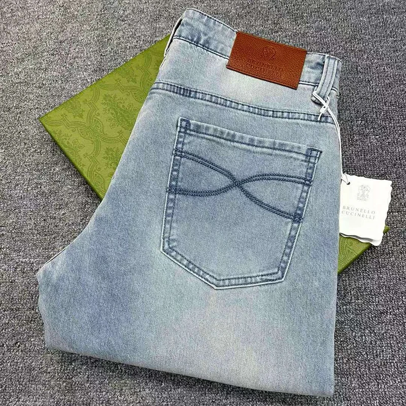 

Jeans for men, elastic, simple and elegant, fashionable, white and worn-out straight leg pants, European station 2024 cool
