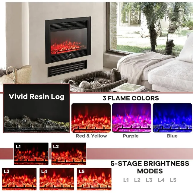 Electric Fireplace Insert, Wall Recessed/Mounted, Freestanding Fireplace with Remote Control, 3 Color Adjustable Flames, 2