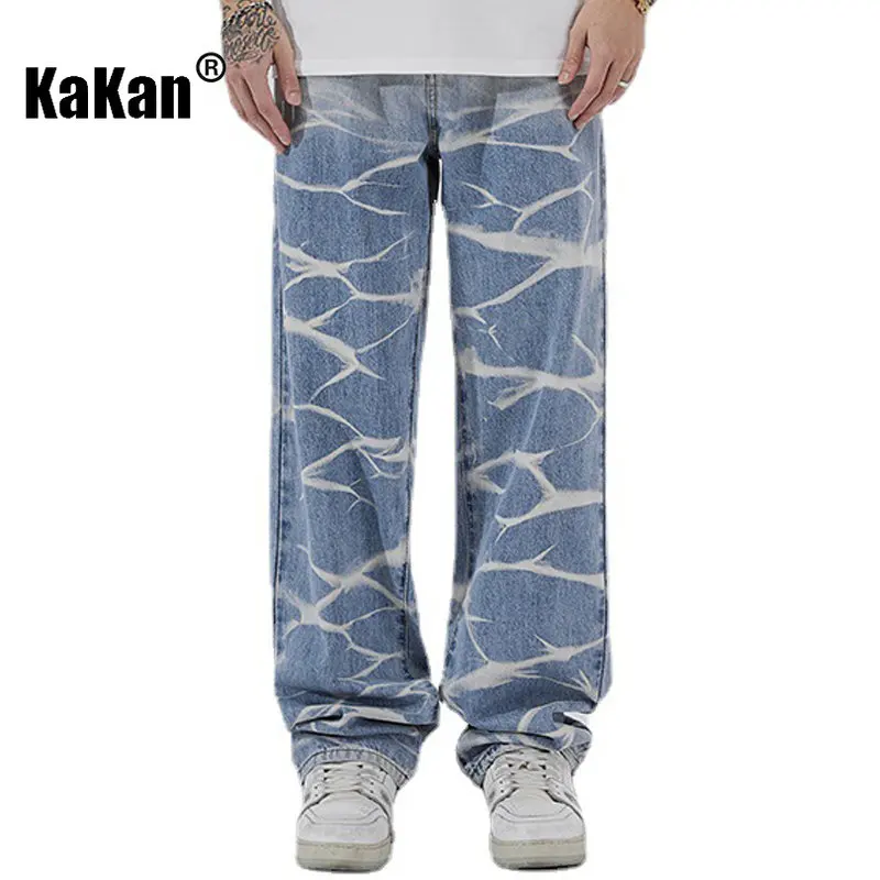 Kakan - New Men's Water Ripple Print Gradual Made Old Jeans, European and American Straight Loose Length Jeans K24-0013
